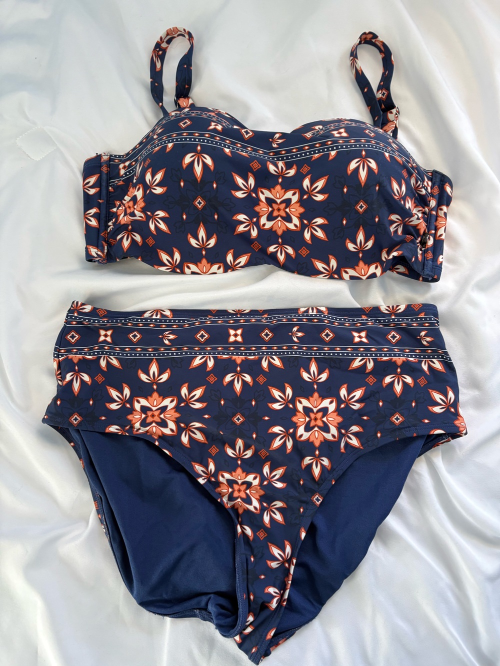 La Vie En Rose Navy Blue and Coral Floral High-Waist Bikini
